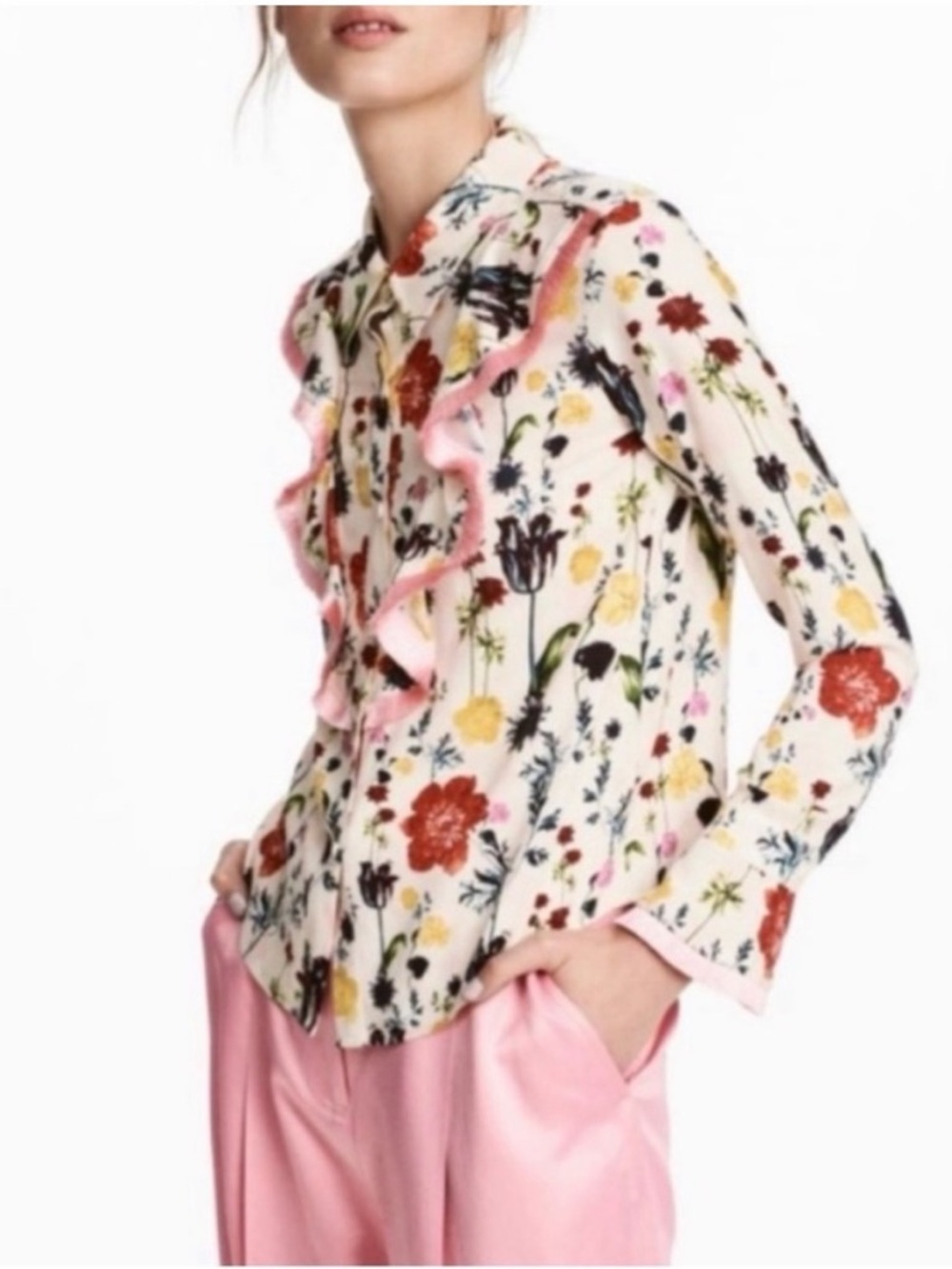 H&M Multicolor Floral Fringe Button Down Blouse Size 10